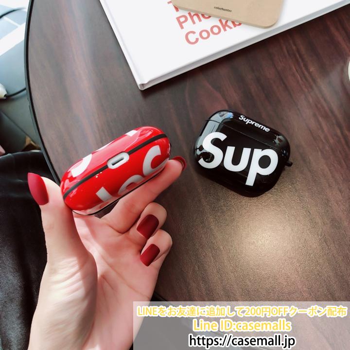 Supreme AirPods proカバー，シュプリーム AirPods proケース，第1/2/3世代に適用 光沢感 大ロゴプリント イヤホーンセット，定番柄 イヤホン入れ シュプリーム